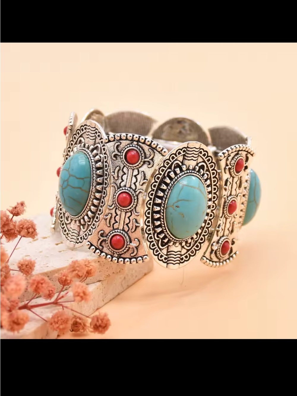 Turquoise and Coral Stone Silver-Tone Statement Cuff Bracelet - Women Jewelry